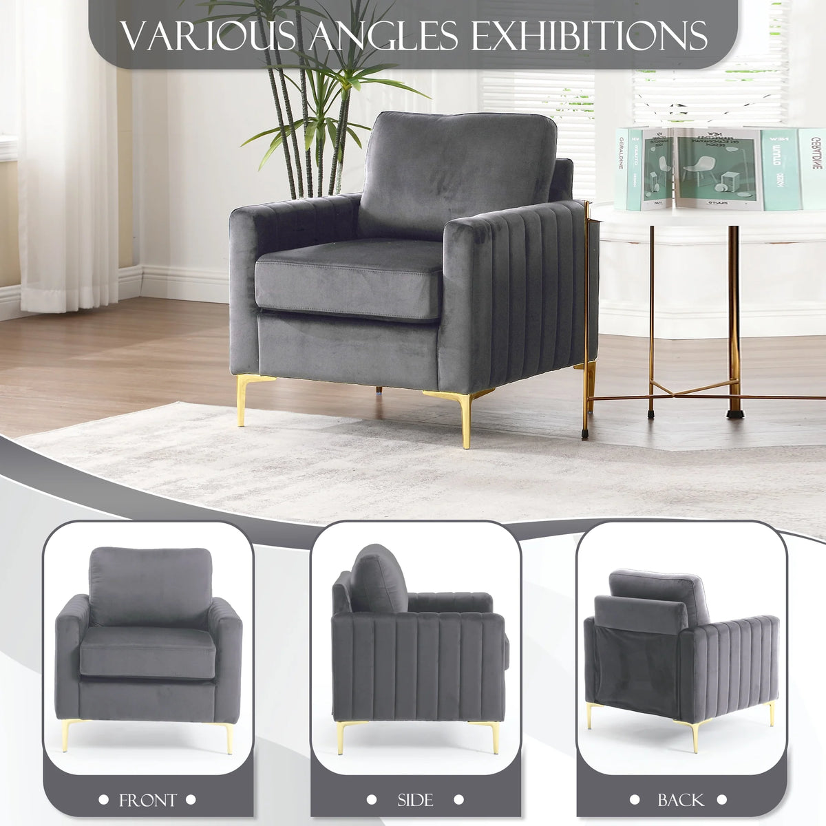 Gray Velvet Tufted Accent Chair with Metal Legs W303