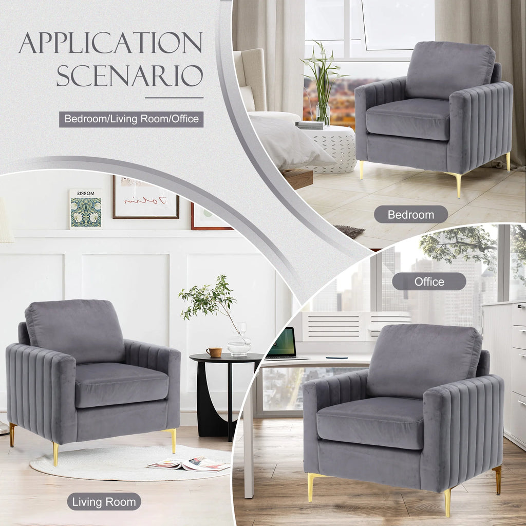 Gray Velvet Tufted Accent Chair with Metal Legs W303