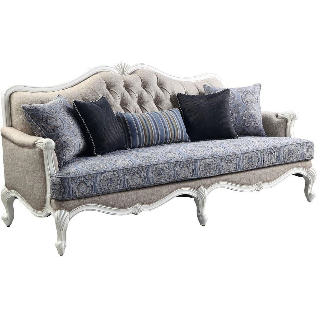 Transitional Sofa with 5 Pillows in Fabric and White Finish Q10422