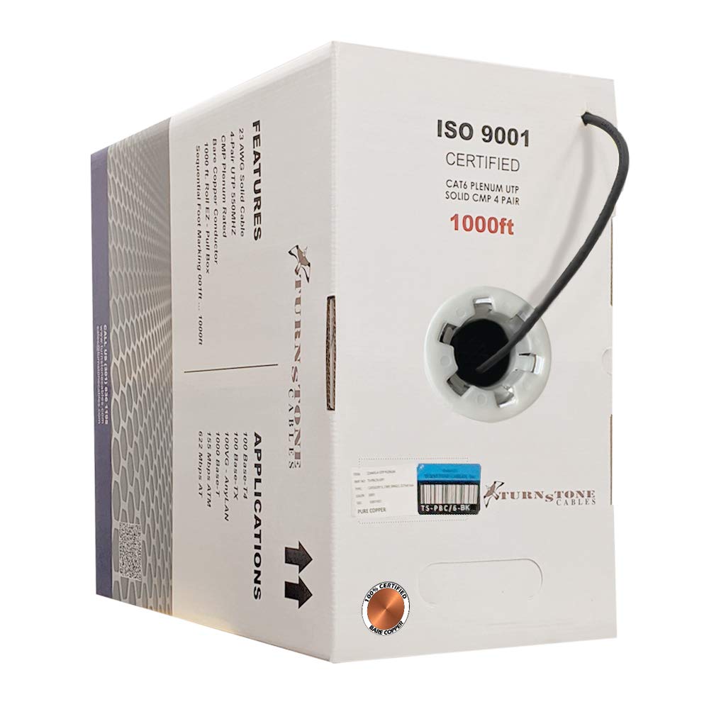 Cat6 Plenum (CMP) 1000ft Cable, 23AWG Solid Bare Copper UTP Bulk Ethernet Cable B415819