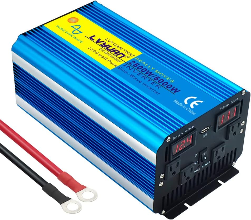 2500 Watt Pure Sine Wave Power Inverter 12V DC to 120V AC Converter with 4 AC Outlets and 3.1A USB Port U253903