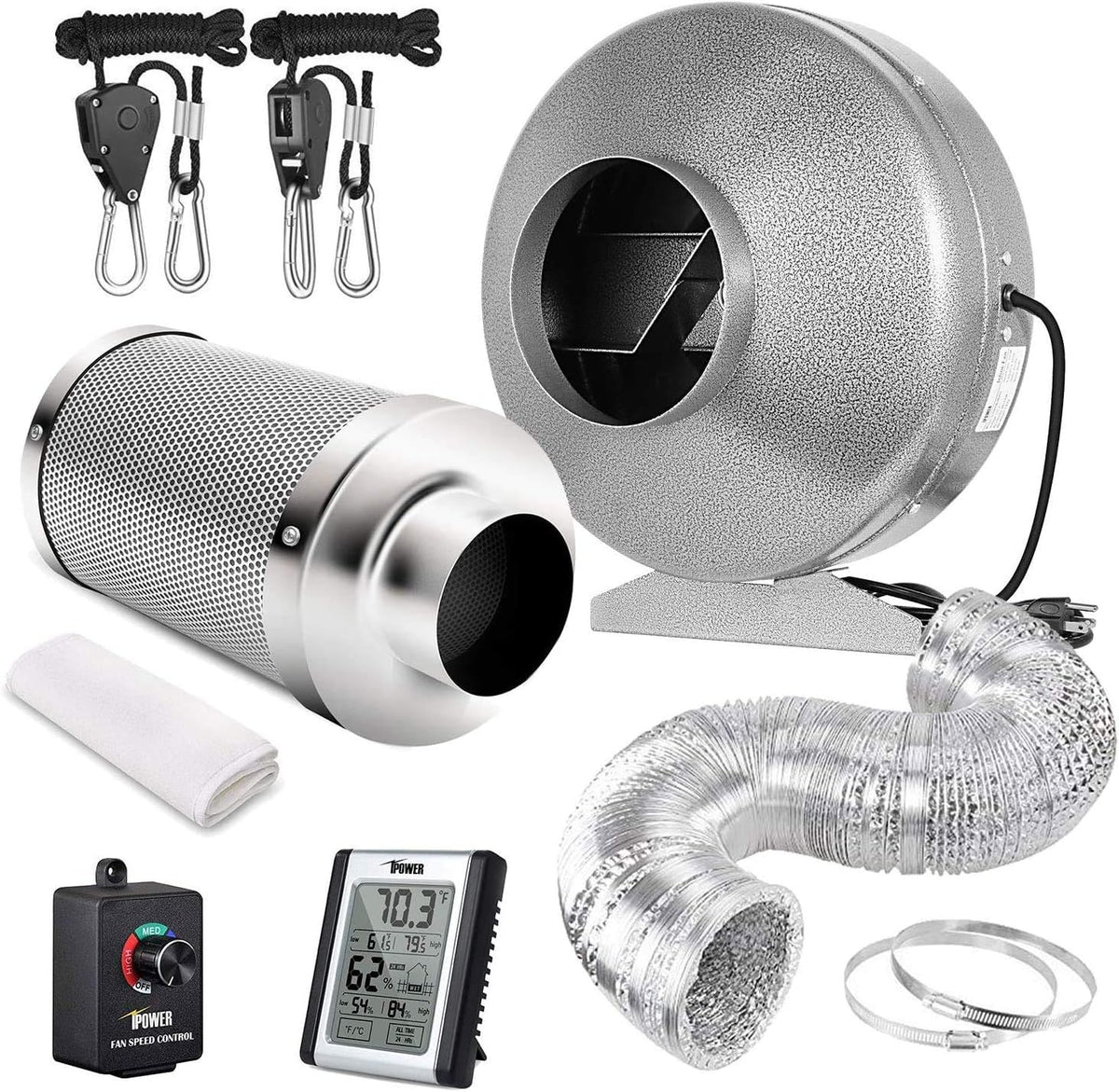 6 Inch 442 CFM Inline Fan Carbon Filter 16 Feet Ducting Combo with Variable Speed Controller Rope Hanger Temperature Humidity Monitor R598