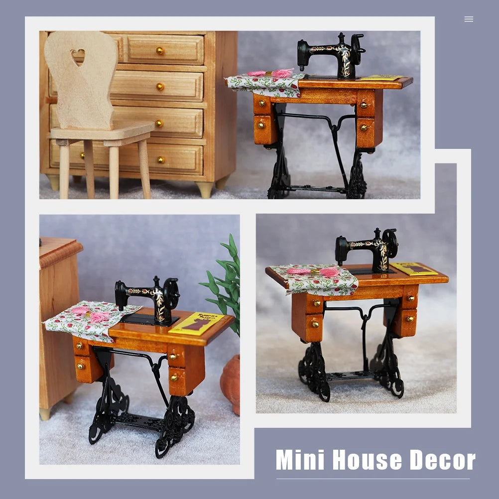 Vintage Mini Stitching Machinery Dollhouse Sewing Machine Wooden Metal Cloth A63678