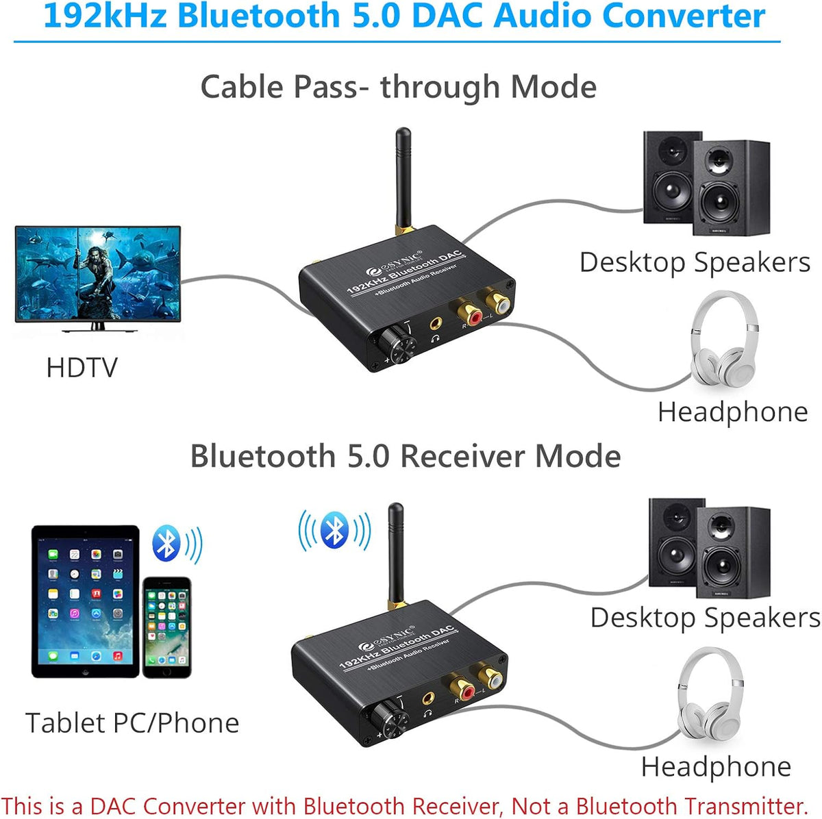 192kHz DAC Digital to Analog Audio Converter with Bluetooth 5.0 Receiver, Optical Coaxial Toslink, Stereo L/R RCA 3.5mm, Pack of 2 Q9206
