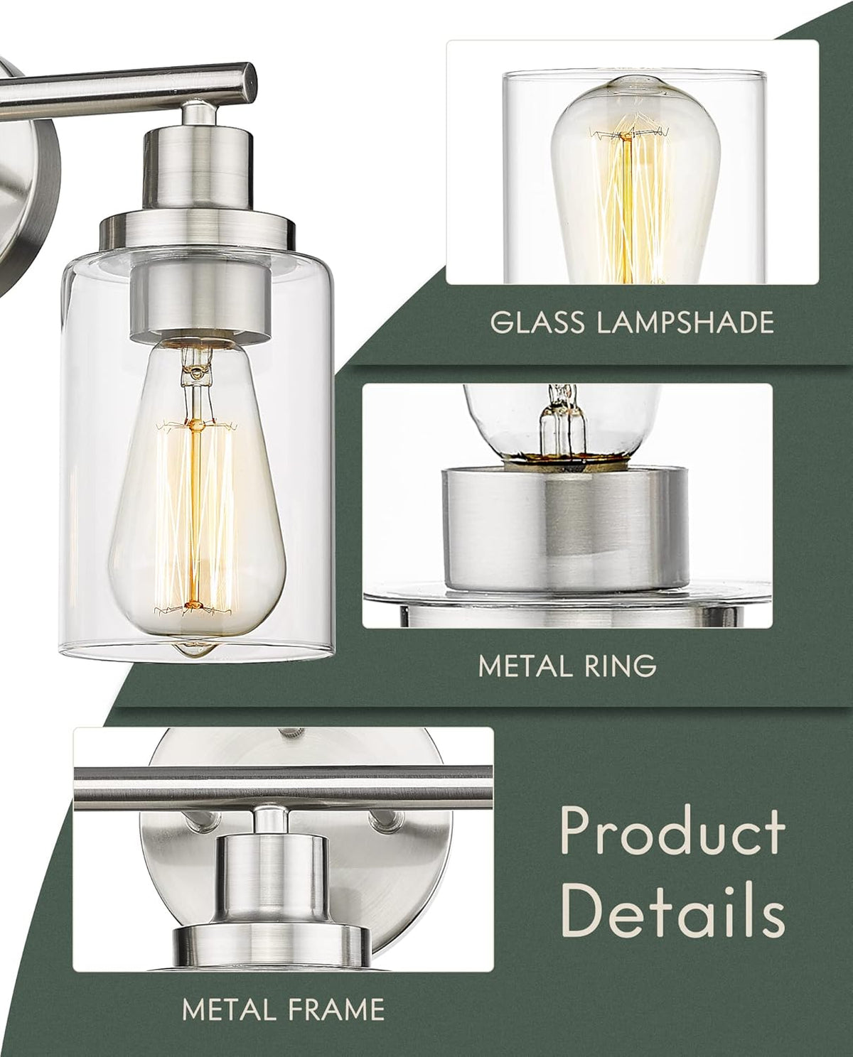 3-Light Brushed Nickel Clear Glass Vanity Wall Light Fixtures M498