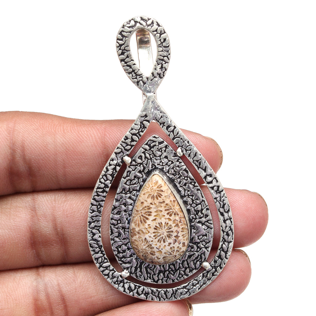 925 Silver Necklace Fossil Gemstone Coral 18" Handmade O48707
