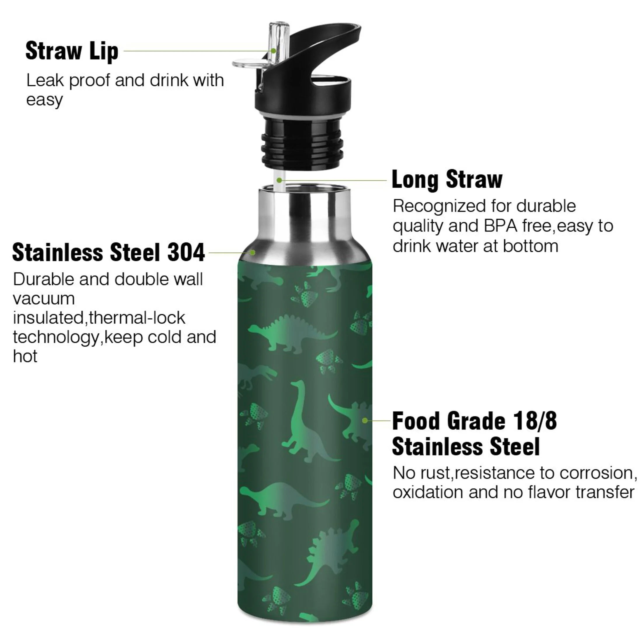 Green Dinosaur Pattern Stainless Steel Insulated Water Bottle with Straw Lid Z67347