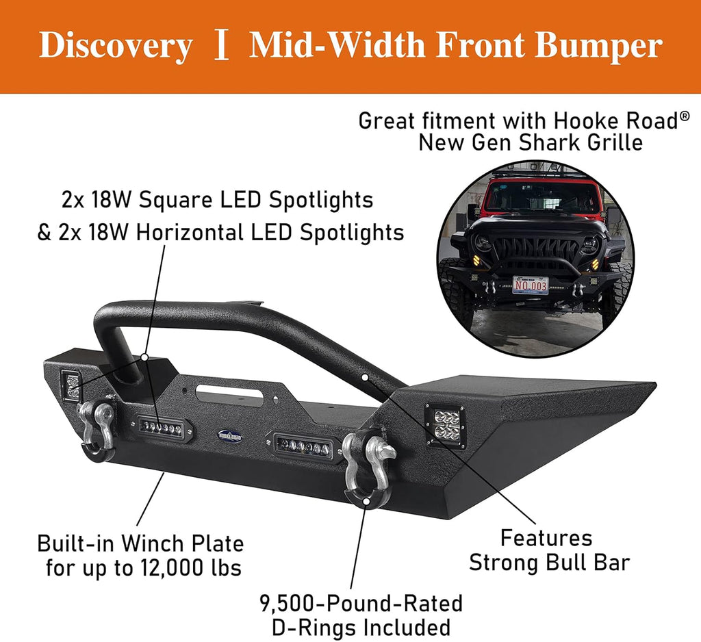 Front & Rear Bumpers Combo with Winch Plate & Spare Tire Carrier & LED Lights & D Rings H51820