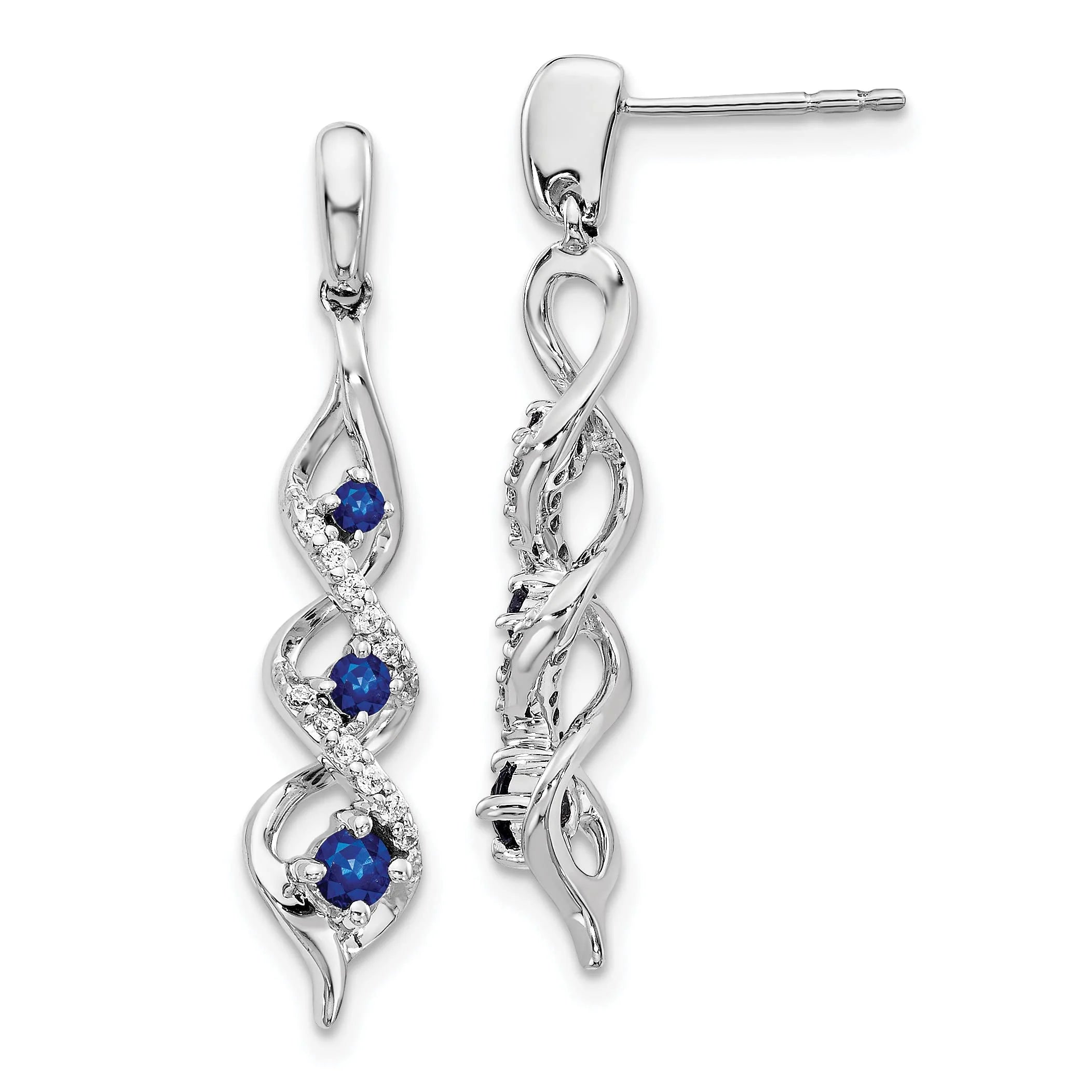 10K White Gold Diamond and Blue Sapphire Post Dangle Earrings Z233