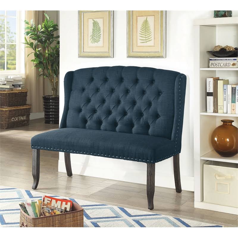 Blue Tufted Fabric Loveseat Bench S92850