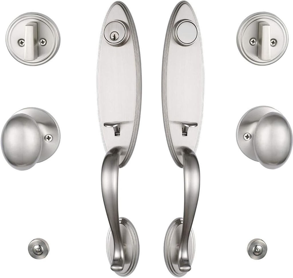 Double Door Handleset Brushed Nickel Finish Keyed Entry Handle and Dummy Handleset Set I73921