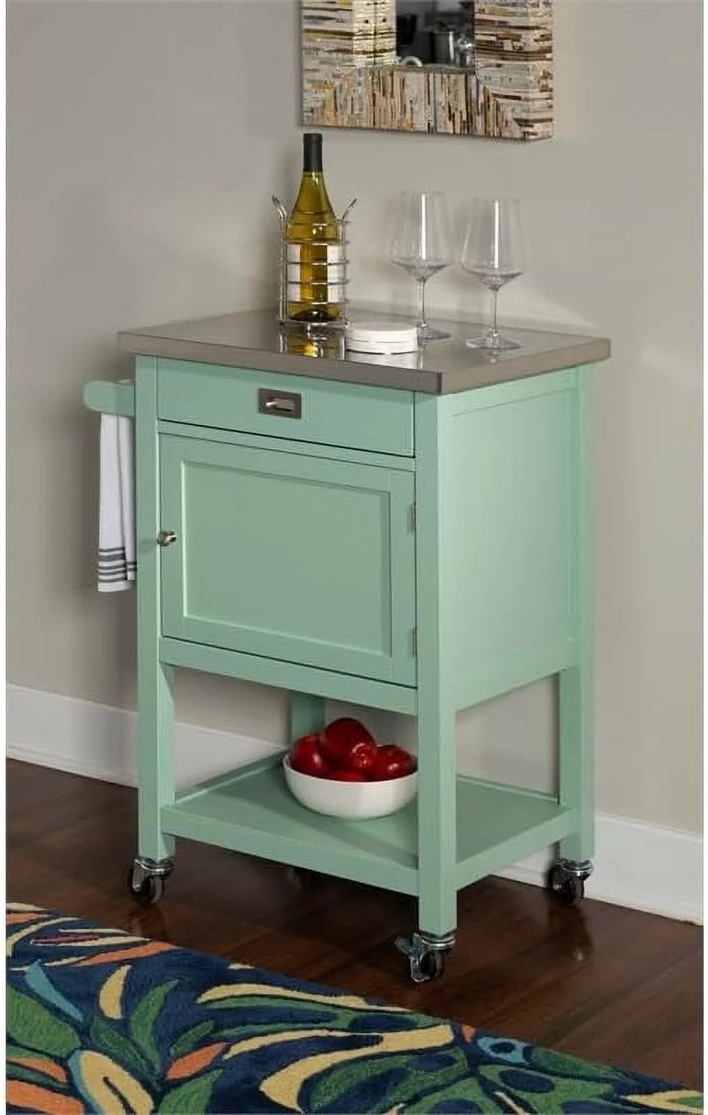 Mint Green Wood Kitchen Cart with Stainless Steel Top U28727