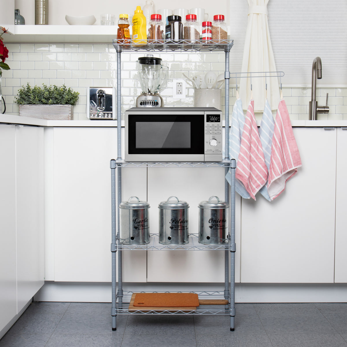 3-Tier Metal Utility Shelf and Microwave Stand with Hooks B4558