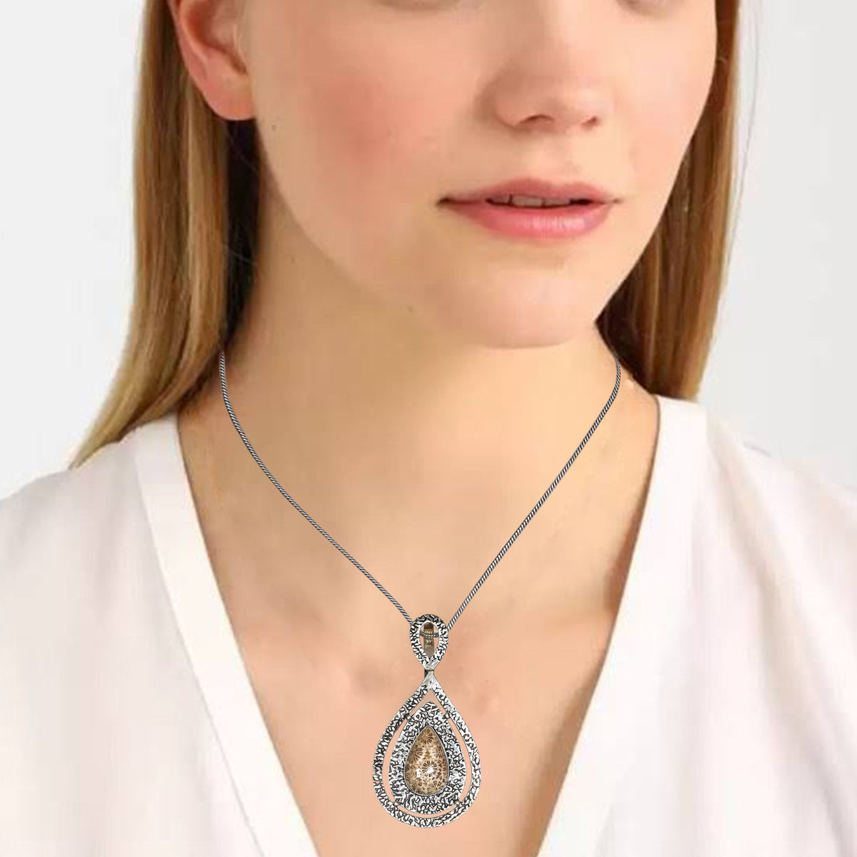 925 Silver Necklace Fossil Gemstone Coral 18" Handmade O48707