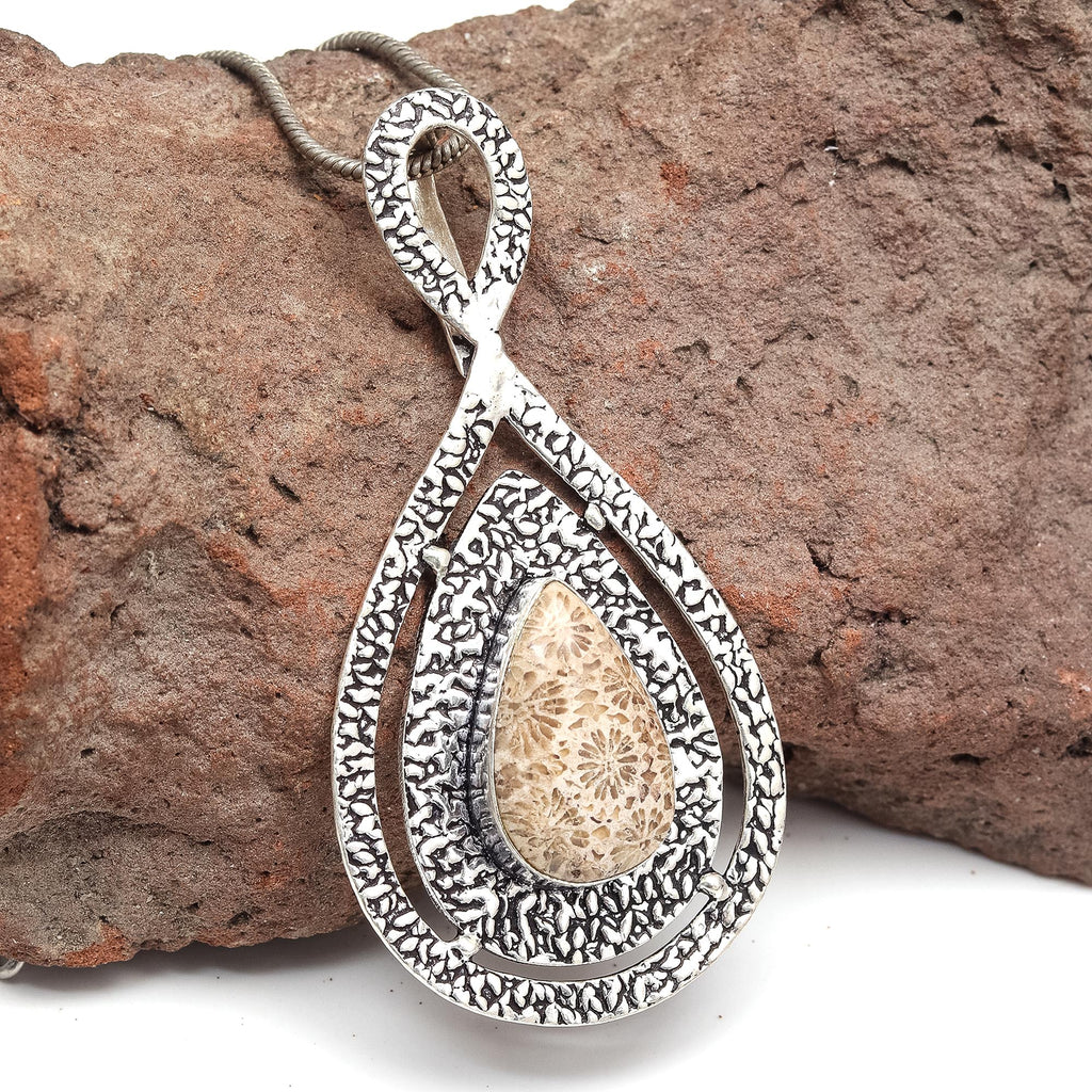 925 Silver Necklace Fossil Gemstone Coral 18" Handmade O48707